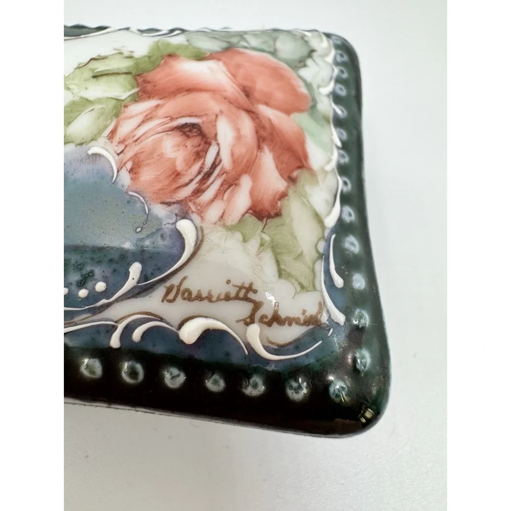 Vintage Porcelain Hand Painted Dresser Vanity Trinket Box Signed Blue Floral